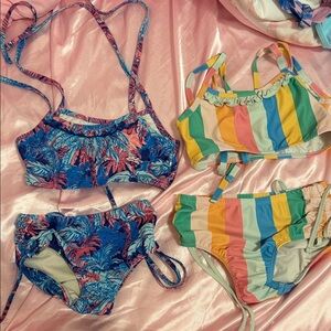 SweetHoney Kids Two-Piece Swim Sets in Blue Tropical and Multicolor Stripe